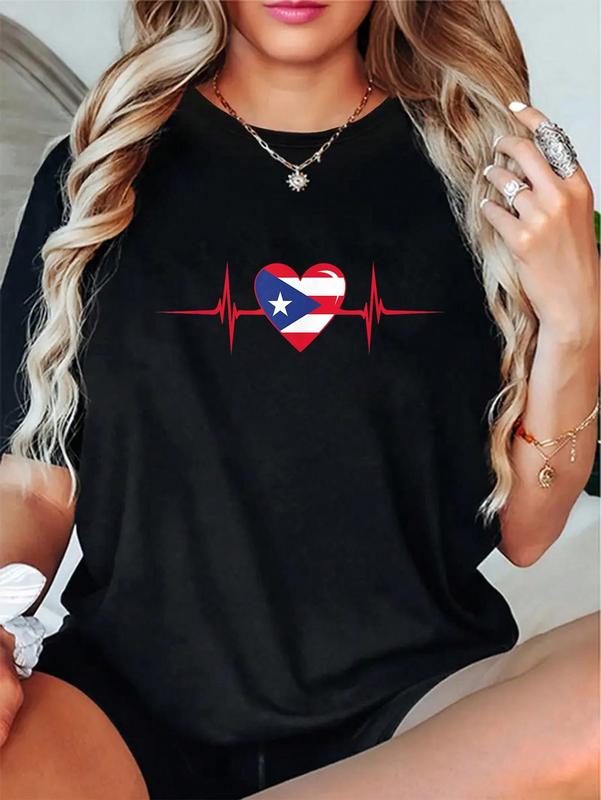 100%25 Cotton Heartbeat Design Puerto Rican Flag Puerto Rico T-Shirt Casual Short Sleeve Shirt
