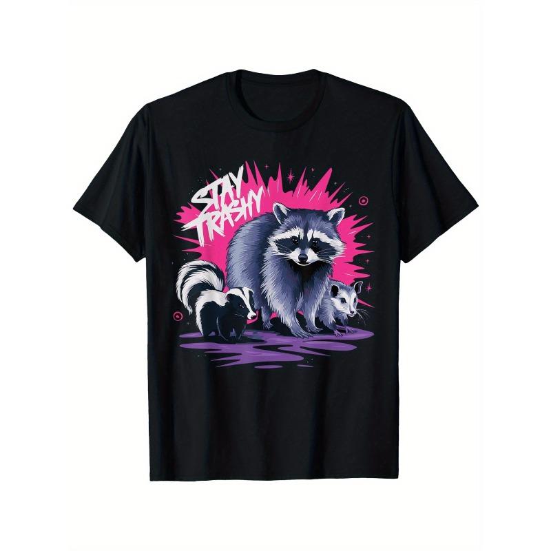 Stay Trashy Raccoon & Opossum Graphic T-Shirt for Men - 100%25 Cotton Relaxed Fit Casual Tee with Bold Pink & Purple Print, All-Season Comfort, Machine Washable, Raccoon Shirt, Comfortable Clothing, Playful Print Top, Easy Care Top