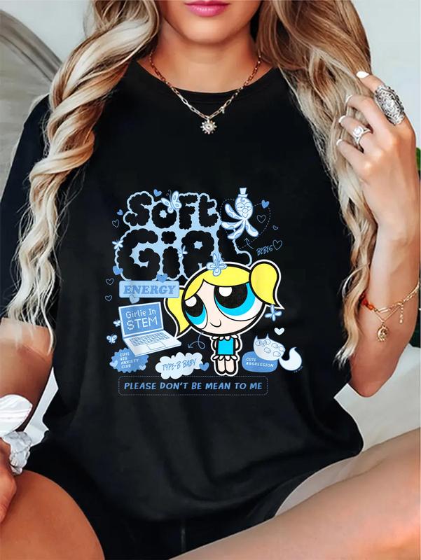 100%25 Cotton Unisex The Powerpuff Girls Bubbles Soft Girl Cute Shot Distressed T-Shirt
