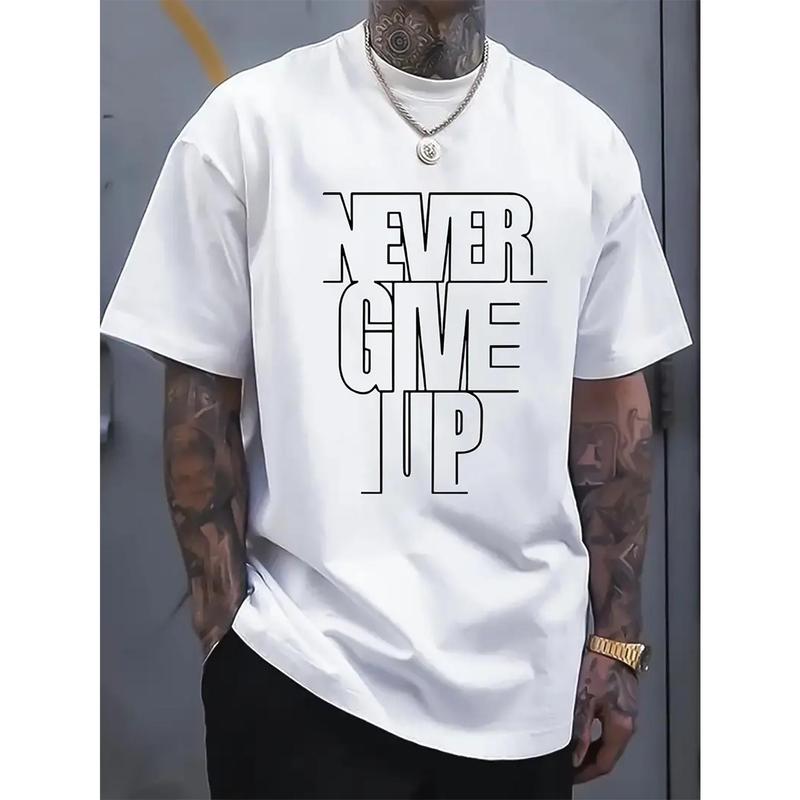 100%25 Cotton A Men'S Casual Cotton T-Shirt With The Words "Never Give Up" Printed On It - Crew Neck, Slight Elasticity, Knitted Fabric, Regular Version, Summer Short-Sleeved T-Shirt Suitable For Adults, Large Size Option Golf Gift T-Shirt For Men And Wom