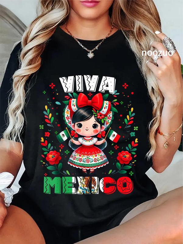 100%25 Cotton Unisex Viva Mexico Mexican Girl Flag Independence Day Girls T-Shirt Casual Top