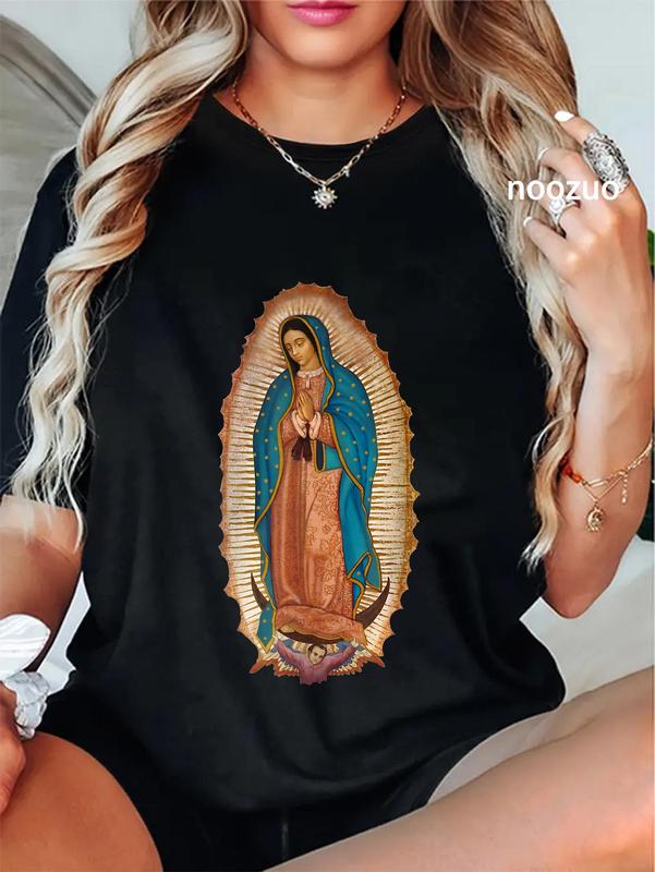 100%25 Cotton Unisex Virgen De Guadalupe Sant Mary Mexico Shirts For Women T-Shirt Casual Top