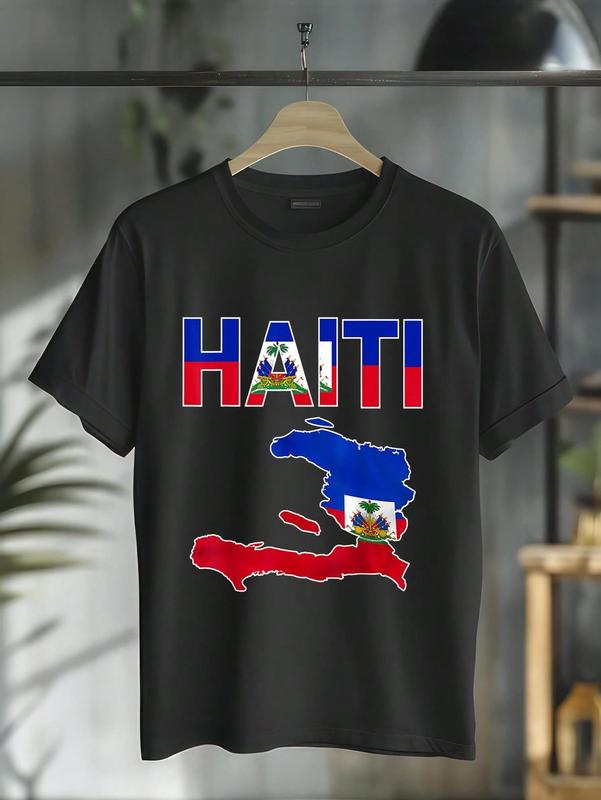 100%25 Cotton Happy Haitian Flag Day Cool Haiti Flag Map Haitian Pride T-Shirt Short Sleeve T-Shirt Women's Men's Graphic Tee Causal Tops