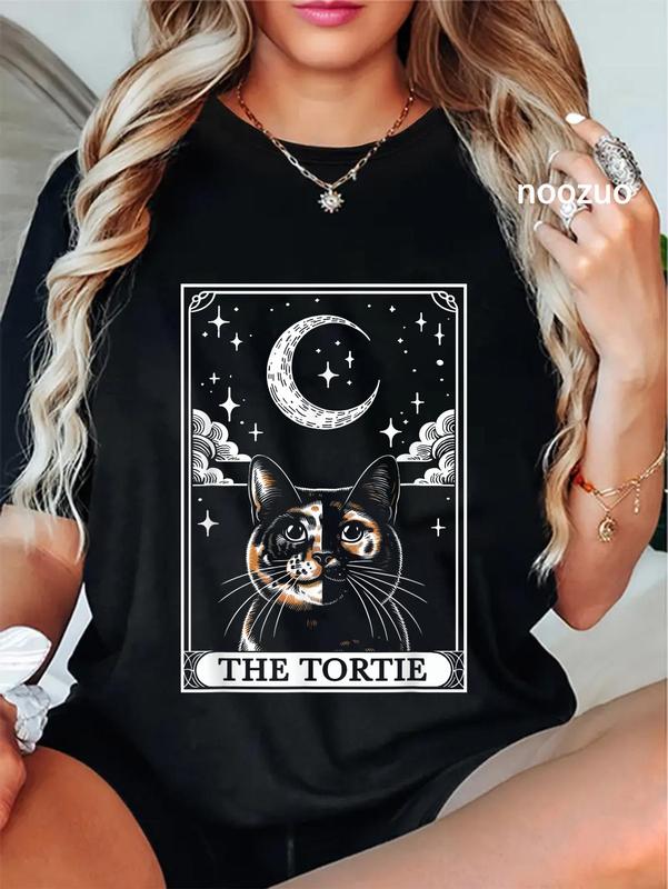 100%25 Cotton Unisex Tarot Card Vintage Crescent Moon Tortie Cat Mom Cat Lovers T-Shirt Casual Top