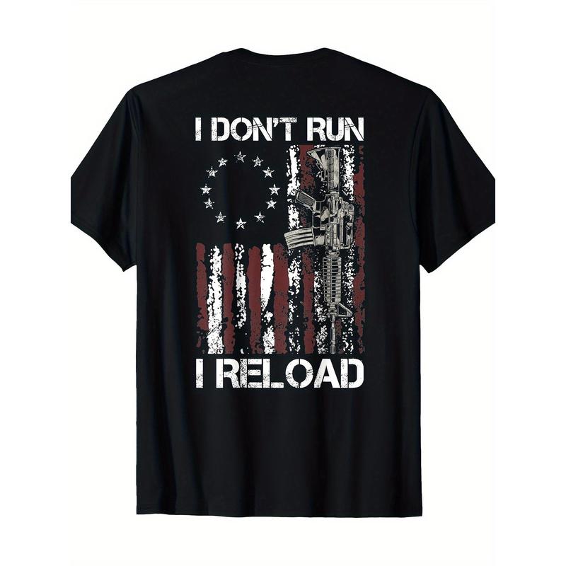 100%25 Cotton American Flag Patriots T-Shirt - 'I Don't Run I Reload Gun' Design, Short Sleeve, Round Neck, Machine Washable