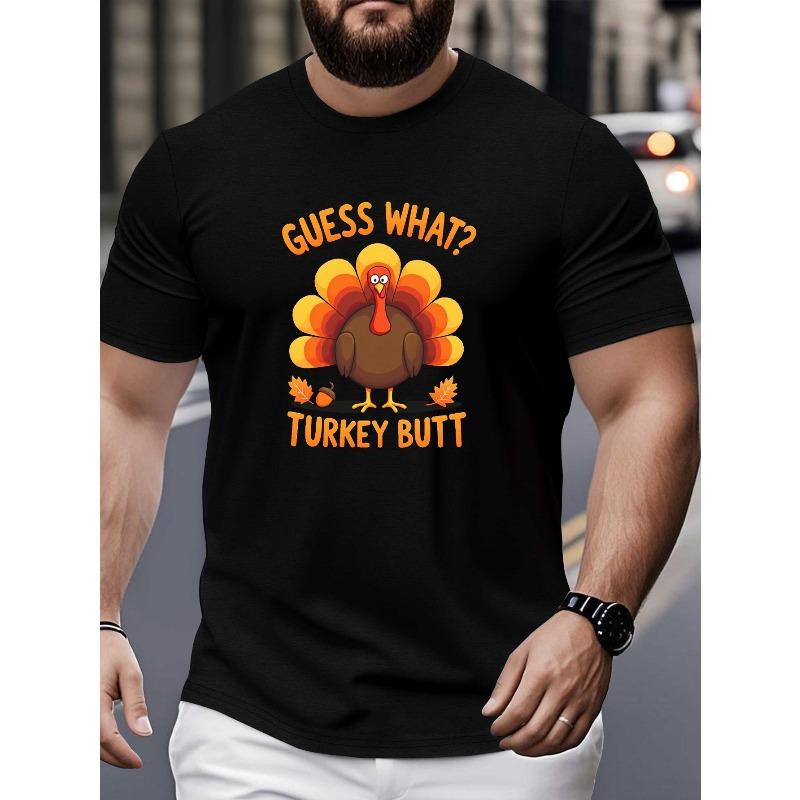 Retro Funny Thanksgiving Turkey Butt Meme T-Shirt - Unisex 100%25 Cotton Casual Streetwear Tee with Slight Stretch, Humorous "Guess What?" Graphic & Cartoon Turkey Design, Funny Thanksgiving Shirts