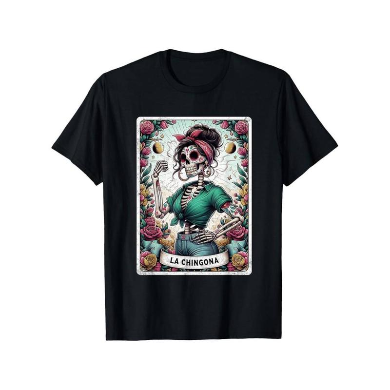 Summer t Shirts La Chingona Funny Mexican Skeleton Tarot T-Shirt Men'S Crew Neck Fashionable Comfortable And Versatile, Athletic Style T-shirt