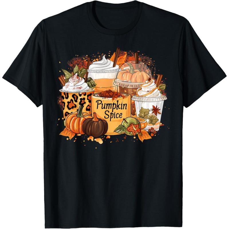 Pumpkin Spice Season Latte Coffee Lover Fall Thanksgiving T-Shirt, Casual Round Neck Design Graphic Tees Streetwear Black Casual Tops for Men Women T-Shirts