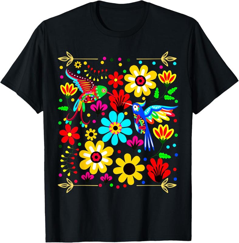100%25 Cotton Floral Bird Otomi Mexican Style Mexicano Mexicana T-Shirt