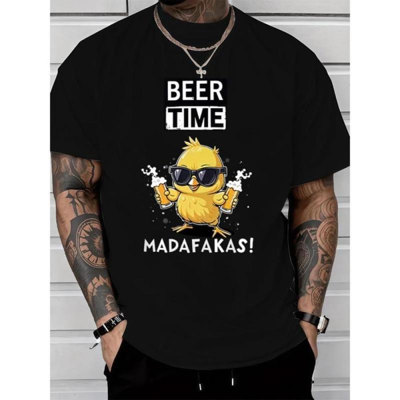 Men’s Graphic T-Shirt – Light and Fun 'Beer Time' Chicken Print for Summer Comfort, Casual Round Neck Design Graphic Tees Streetwear Black Casual Tops for Men Women T-Shirts