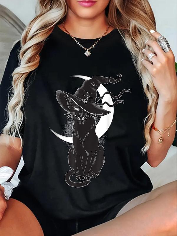 100%25 Cotton Unisex Vintage Scary Halloween Black Cat Costume Witch Hat & Moon T-Shirt