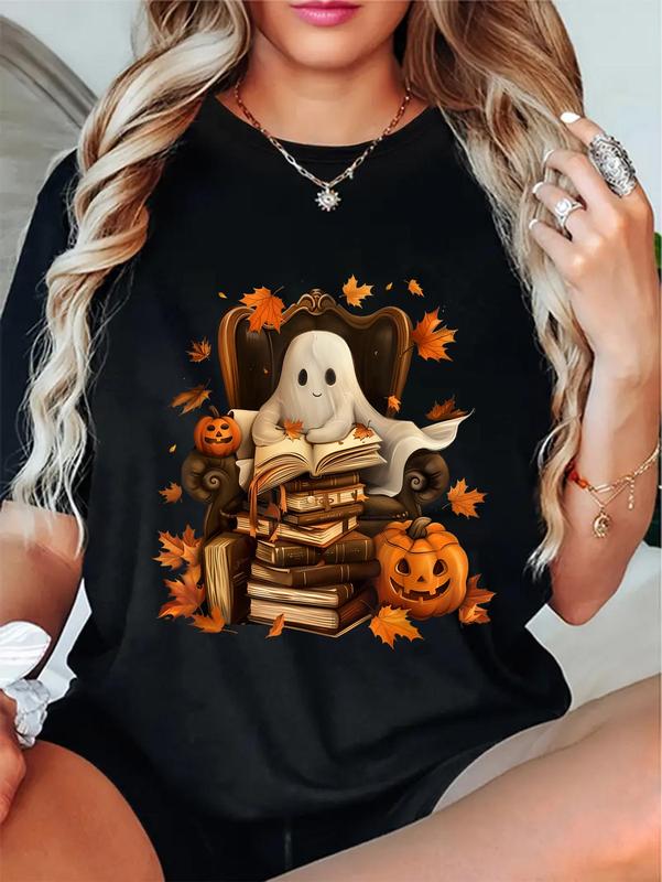 100%25 Cotton Unisex Vintage Ghost Book Reading Pumpkin Gothic Halloween Teachers T-Shirt