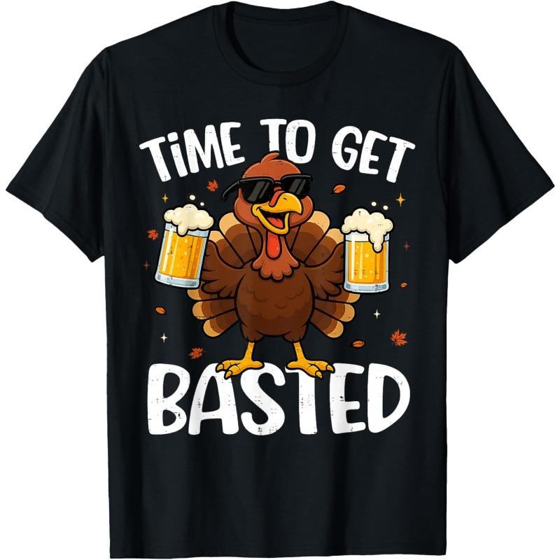Turkey Time to Get Basted Retro Funny Thanksgiving Men Women T-Shirt, Casual Round Neck Design Graphic Tees Streetwear Black Casual Tops for Men Women T-Shirts