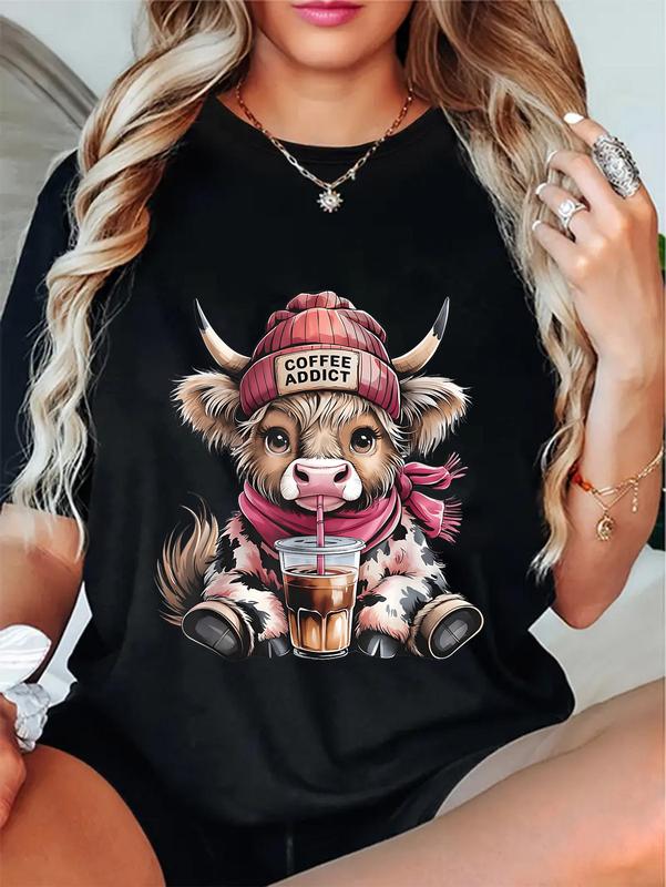 100%25 Cotton Unisex Women's Highland Cow Shirt Coffee Addict Cute Gifts T-Shirt