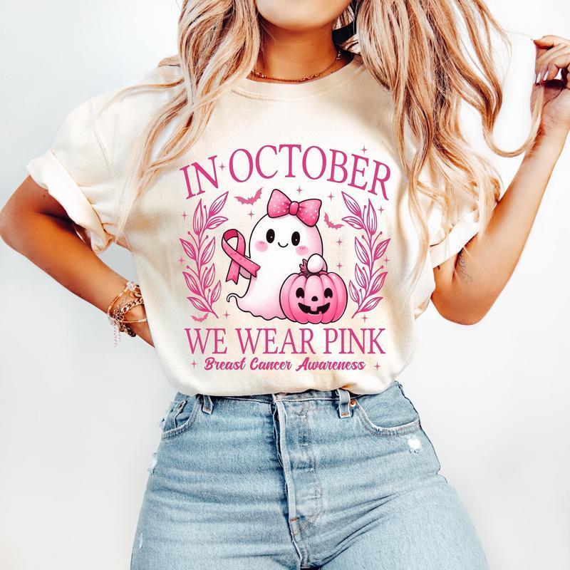 In October We Wear Pink Shirt Retro Breast Cancer Awareness T-Shirt Halloween Pink Ghost Sweatshirt Unisex Tops Womenswear Casual Crewneck Short Sleeve White Jeans Leggings Clothes Style Love Shortsleeve Streetwear