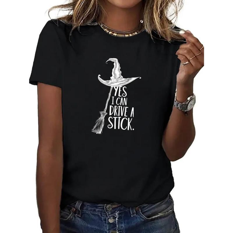 Women's Witch Graphic T-Shirt - "Yes I Can Drive a Stick" Print Casual All-Season Sportswear Black with White Lettering Round Neck Short Sleeve Machine Washable Cotton Fabric Fitted Top Crew Neck Casual T-Shirt for Women Green Grey Printed Clothes Gym