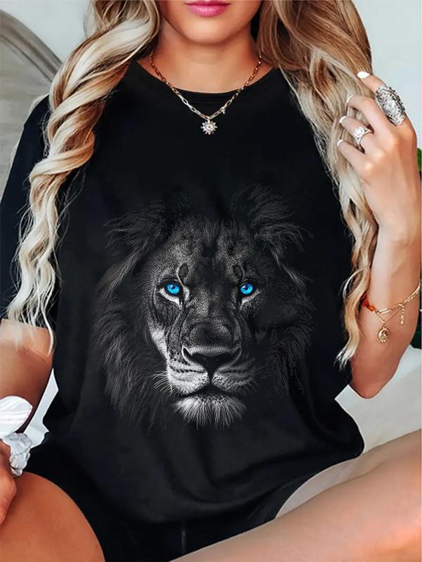 100%25 Cotton Unisex Lion Animal Motif Blue Eyes Artwork Lion T-Shirt Casual Graphic Printed Tee