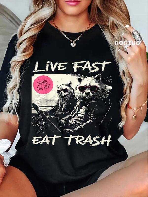 100%25 Cotton Unisex Sunset Raccoon Live Fast Eat Trash And Get Hit By A Car T-Shirt Casual Top