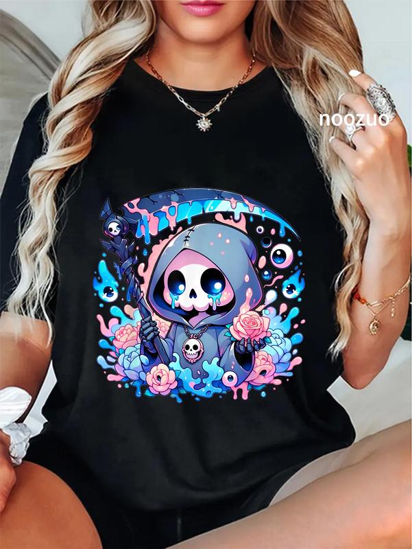 100%25 Cotton Unisex Skull Skeleton Cute Kawaii Pastel Goth Reaper T-Shirt Casual Graphic Printed Tee Casual Top