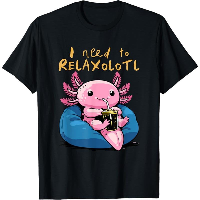 Relaxolotl Shirt Funny Axolotl Relaxing I Need to Relaxolotl T-Shirt, Casual Round Neck Design Graphic Tees Streetwear Black Casual Tops for Men Women T-Shirts