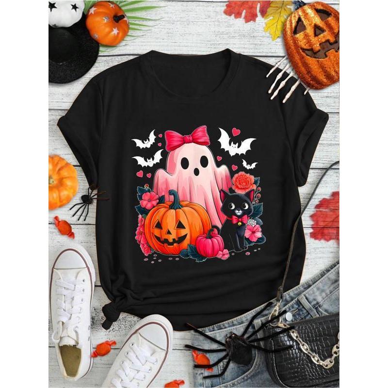100%25 Cotton Cute Floral Pink Ghost Pumpkin Black Cat Halloween Costume T-Shirt Print Round Neck Short Sleeve Streetwear