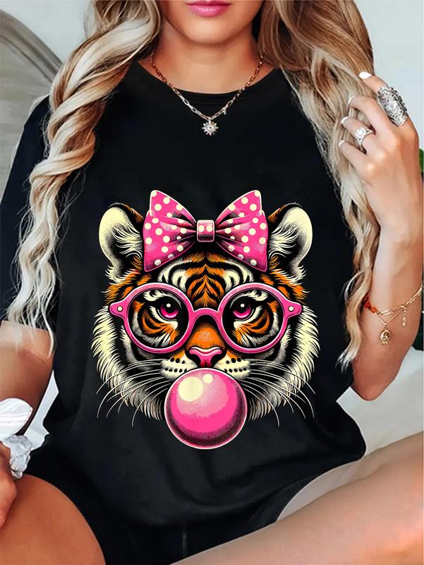100%25 Cotton Unisex Tiger with Glasses Bubblegum and Bow T-Shirt Magical and Funny Tiger lover