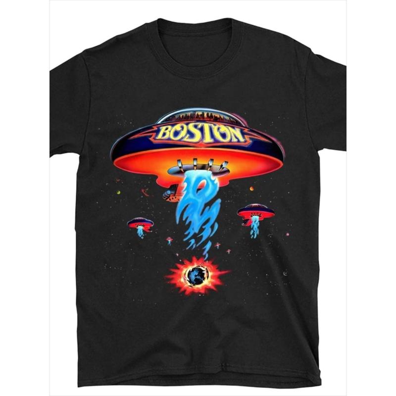 100%25 Cotton Boston Band T-Shirt Poster Shirt Spaceship Rock Band T-Shirt Men'S Black Golf Gift T-Shirt For Men And Women