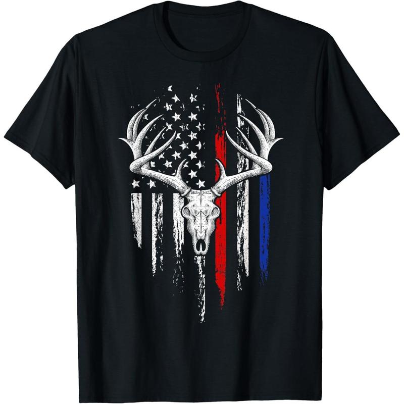 100%25 Cotton Casual Graphic Tee For Everyone – Oversized Fit With Unique American Flag Deer Skull Design Golf Gift T-Shirt For Men And Women
