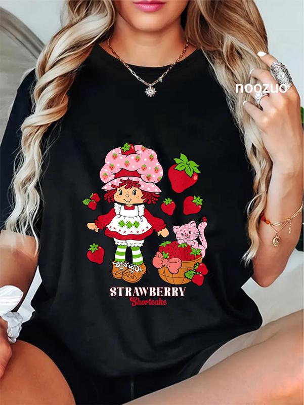 100%25 Cotton Unisex Strawberry Shortcake & Kitty Custard Vintage T-Shirt Casual Top