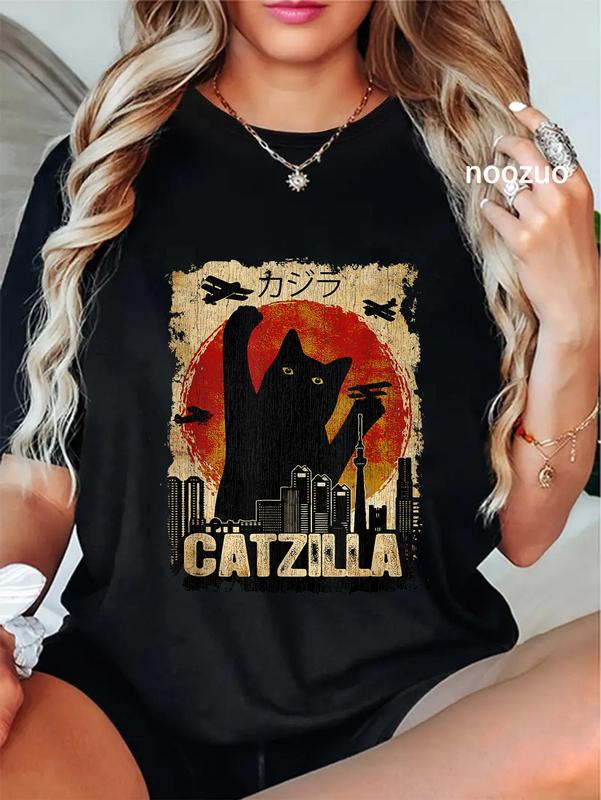 100%25 Cotton Unisex Vintage Catzilla - Funny Kitten and Cat T-Shirt Funny Cat Tee for Men and Women Casual Top