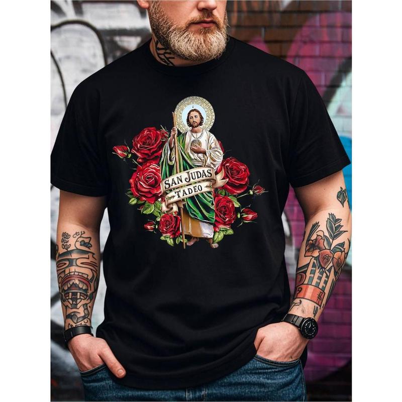 Summer t Shirts Men'S San Judas Tadeo Graphic T-Shirt, 100%25 Cotton Fabric, Crew Neck