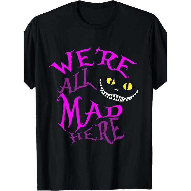 100%25 Cotton Cheshire "We'Re All Crazy" Pattern T-Shirt - 100%25 Cotton, Casual Black T-Shirt, Purple Cat Eye Design, Short Sleeve, Machine Washable, Suitable For All Seasons Ivan Cornejo Merch Graphic Tees Shirts Men Men  Golf Gift T-Shirt For Men And W