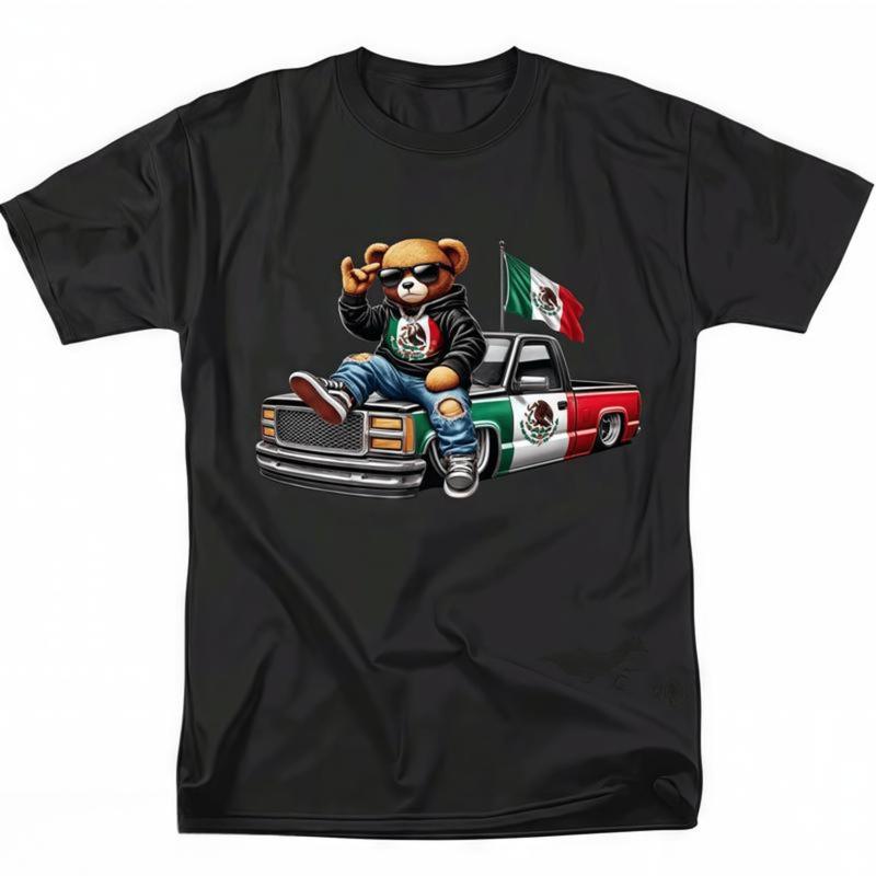 Summer t Shirts Mens Fashionable Crew Neck T-Shirt Comfortable Fit,PatternedPrint Chill Mexican Bear with Truck Tee Perfect for Car Enthusiasts,Streetwear Top Black