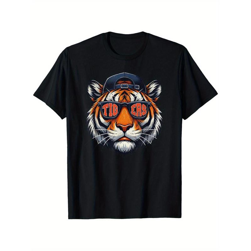 100%25 Cotton Detroit Tiger Men'S Cotton T-Shirt - Black Casual Summer T-Shirt With Stylish Eyewear And Baseball Cap Design, 100%25 Cotton For Everyday Wear, Travel And Fitness Golf Gift T-Shirt For Men And Women